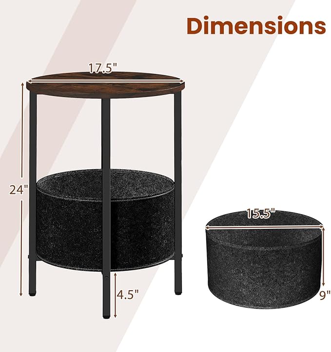 Giantex Round End Table, Small Side Table with Removable Fabric Basket, Modern Bedside Table with Metal Frame, Sofa Couch Accent Table for Small Space Living Room, Nightstand for Bedroom, Rustic Brown