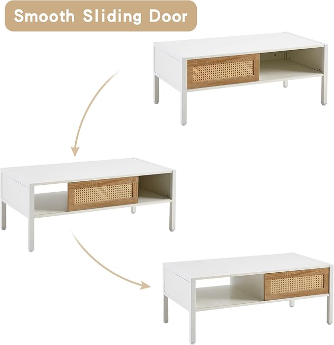 Modern Rattan Coffee Table, Living Room Center Table with Sliding Door Storage, Metal Legs Stylish Rustic Brown Woven Design, Sturdy & Spacious,White