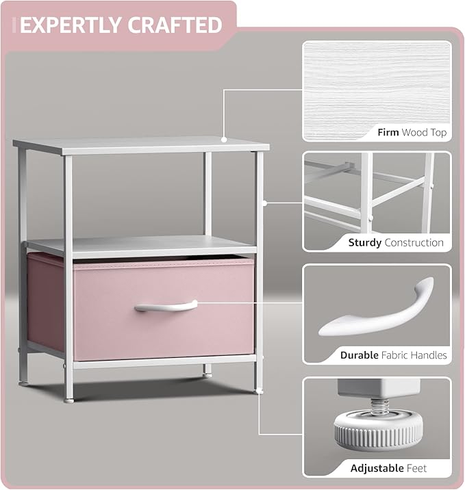 Sorbus 1 Drawer Shelf Storage Nightstand - Kids Bedside Furniture End Table Night Stand with Steel Frame Wood Top & Easy Pull Fabric Bins. Dresser & Chest for Home Bedroom Accessories Office & College