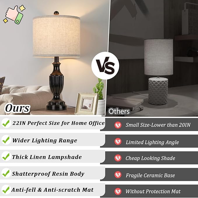 TOBUSA Farmhouse Living Room Table Lamps Set of 2, Matte Black Rustic Vintage Table Lamps for Bedroom Nightstand, Antique Bedside Desk Lamps with Linen Shade, 22’’ Small Resin Lamp Sets for End Table