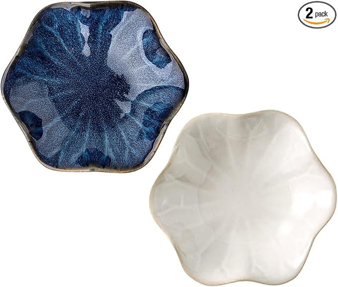 2Pcs Ceramic Jewelry Dish - Lotus Leaf Shape, for Ring Holder Necklace Small Key, Suitable for Mother Friend Sister, Gifts for Women, Cute Plate Trinket Tray, Home Decor (Blue & White)