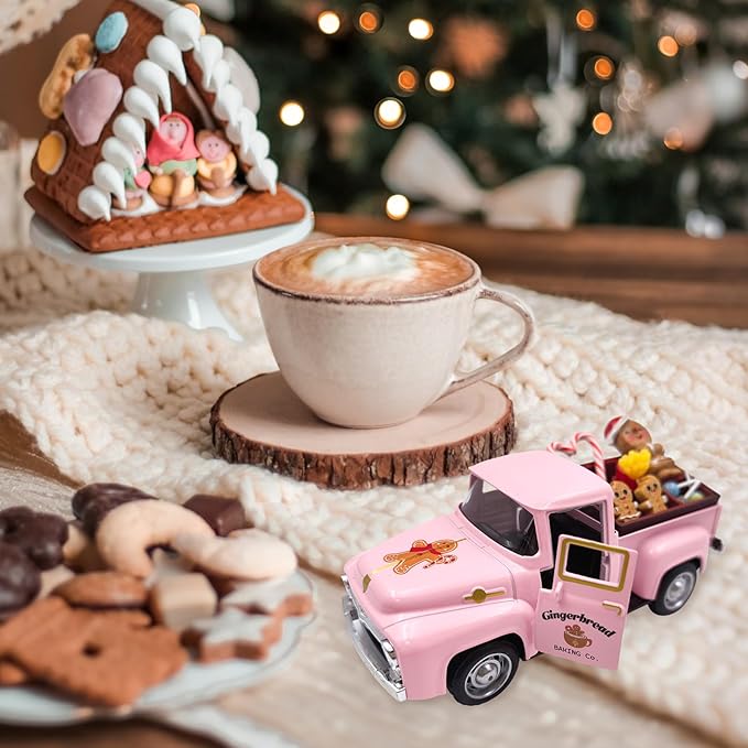 Pink Gingerbread Christmas Decor Vintage Farmhouse Metal Truck with Mini Fake Candy Cookie Box Ginger Bread Man Pastel Gingerbread Christmas Tabletop Decorations for Xmas Tray Holiday Mantel Kitchen