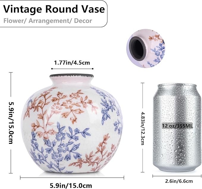 Vintage Blue and White Brown Round Vase, Chinoiserie Porcelain Blue Floral Vase, Mid Century Modern Pottery Flower Vases for Bouquet and Home Rustic Farmhouse Dining Table Decor