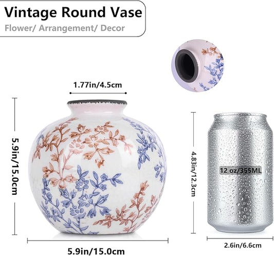 Vintage Blue and White Brown Round Vase, Chinoiserie Porcelain Blue Floral Vase, Mid Century Modern Pottery Flower Vases for Bouquet and Home Rustic Farmhouse Dining Table Decor