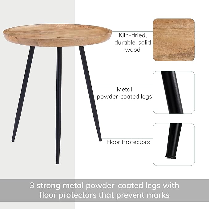 MH London Side Table - Dilan Tri Pin Small Table. Exclusively Designed Hand-Crafted Small Nightstand. Solid Wood Round End Table. Contemporary Accent Table for Bedrooms, Living Rooms and Home Office