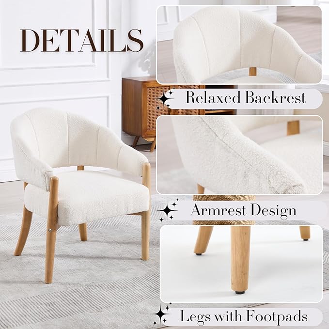 HEAH-YO Modern Accent Chair Set of 1,Upholstered Sherpa Living Room Chair,Reception Armchair with Solid Wood Legs,Reading Leisure Chair for Bedroom Makeup Vanity,White