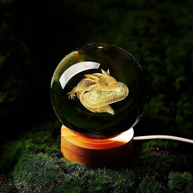 Axolotl lamp,3.15 inch 3D K9 Crystal Ball Axolotl Night Light with Wooden Base,16 Colors Change,Remote Control,Birthday Christmas Axolotl Gift