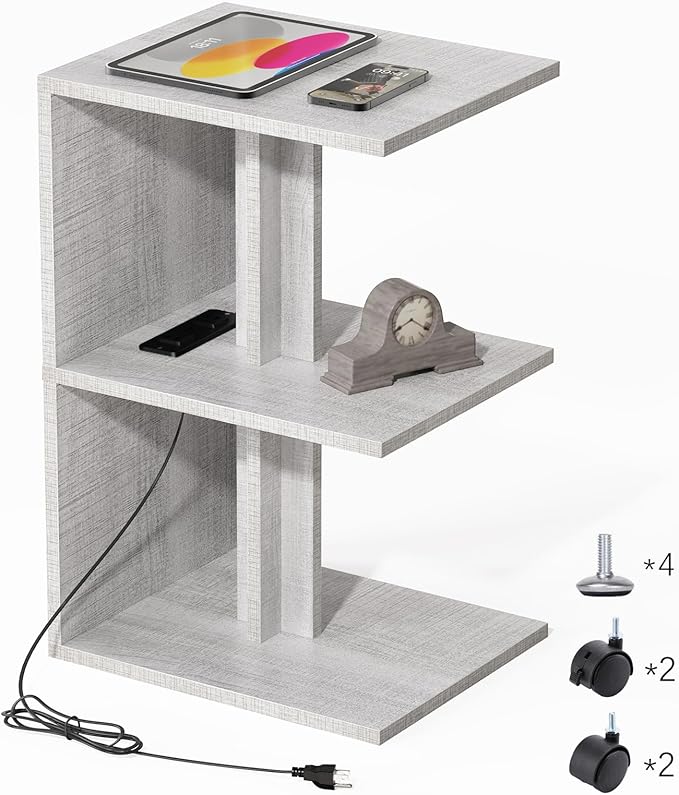 1 Pack Night Stand with Charging Station, Small Side Table for Couch, USB Ports and Outlet, End Table with 3-Layer Storage Shelves for Small Spaces, Living Room, Bedroom, Bedside (Gray)