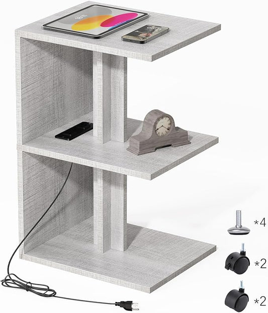 1 Pack Night Stand with Charging Station, Small Side Table for Couch, USB Ports and Outlet, End Table with 3-Layer Storage Shelves for Small Spaces, Living Room, Bedroom, Bedside (Gray)