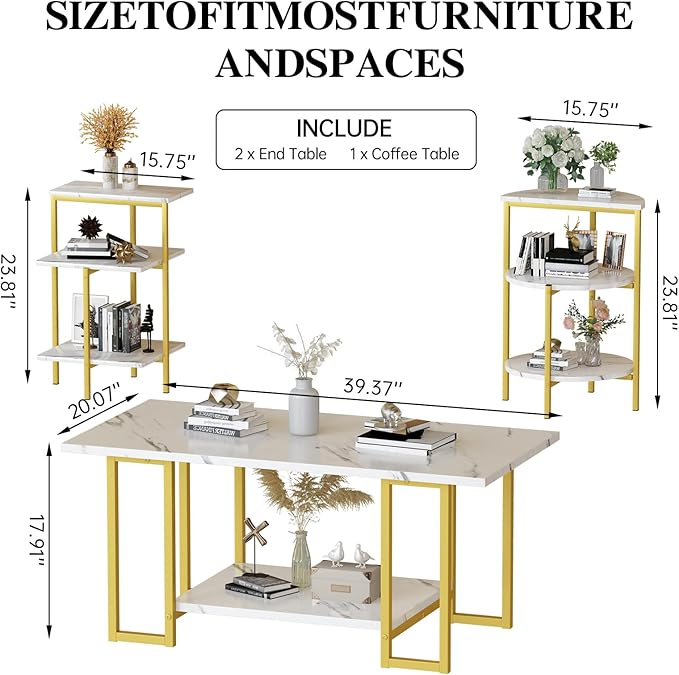 AWQM Faux Marble Table Set, Coffee Table & 2 Side Table, Faux Marble Tabletop and Metal Frame, 3 Piece Table Sets, for Living Room Apartment, White & Gold