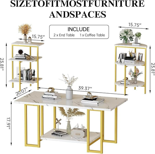 AWQM Faux Marble Table Set, Coffee Table & 2 Side Table, Faux Marble Tabletop and Metal Frame, 3 Piece Table Sets, for Living Room Apartment, White & Gold