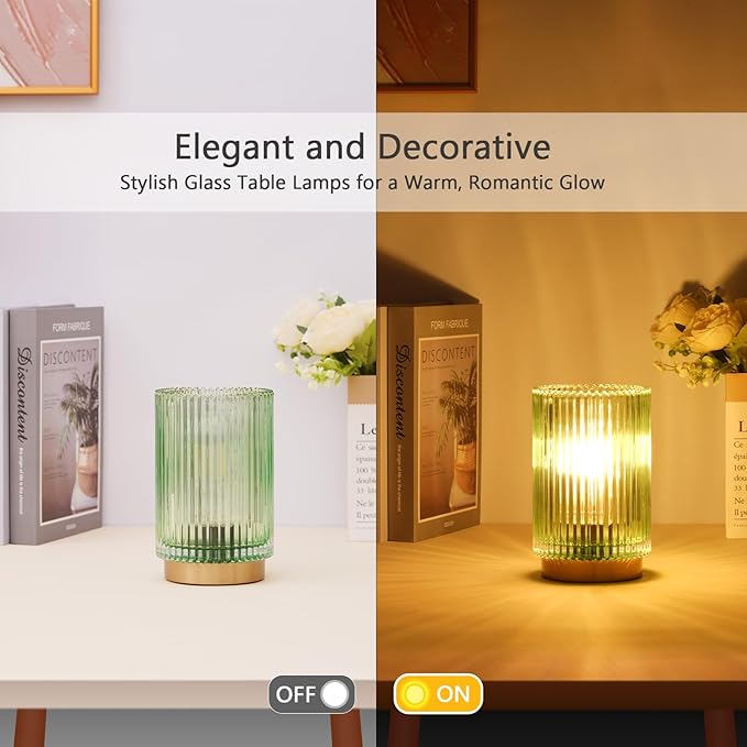 Battery Operated Lamp, Cordless Table Lamp with Timer, Desk Bedside Lamps with LED Warm Light, Glass Small Table Lamp for Bedroom, Bathroom, Living Room, Home Decor - Green