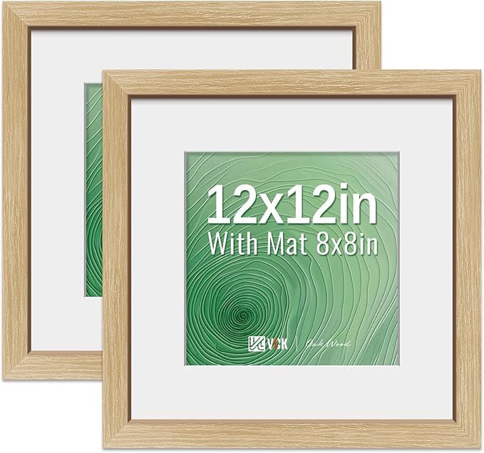 VCK 12x12 Picture Frame 2 Pack - Natural Oak, High-End Wood Poster Frames with Tempered Glass, Display 8x8 Photo with Mat or 12x12 without Mat, Art Gallery-Quality, Wall Hanging, Natural Oak