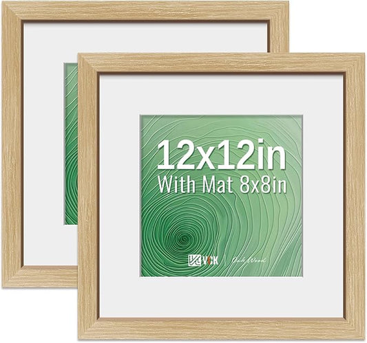 VCK 12x12 Picture Frame 2 Pack - Natural Oak, High-End Wood Poster Frames with Tempered Glass, Display 8x8 Photo with Mat or 12x12 without Mat, Art Gallery-Quality, Wall Hanging, Natural Oak