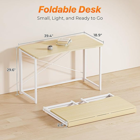 Huuger Folding Desk for Small Spaces, 39.3 Inch Foldable Computer Table, for Home Office, Study, Bedroom, Dorm, Space Saving, Small Writing Work Office Computer Desk, Easy to Fold, Oak