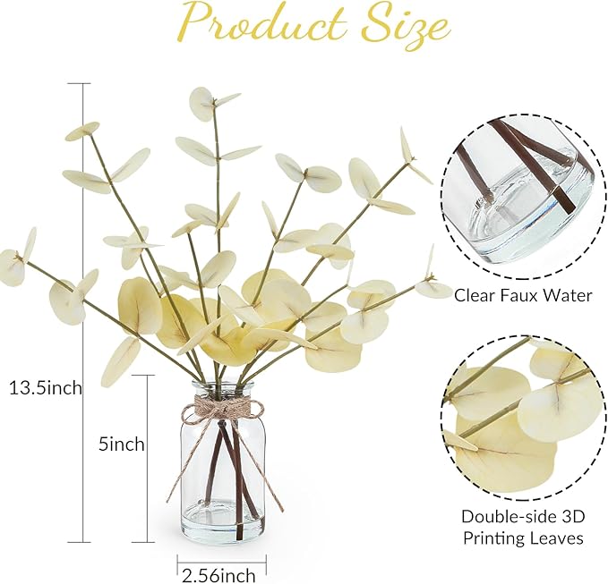 Artificial Eucalyptus Stems in Glass Vase with Faux Water, 14" Fake Plants for Home Decor, Coffee Table Centerpieces, Office, Bathroom & Farmhouse Weddings - Faux Plants Decorations