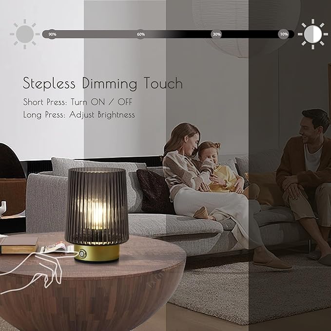 Cordless Lamp Rechargeable Battery Operated lamp, Glass Small Table lamp - Portable Dimmable Brightness Touch Wireless Bedside Lamp for Bedroom Kitchen Dining Home Living Room Decor Grey