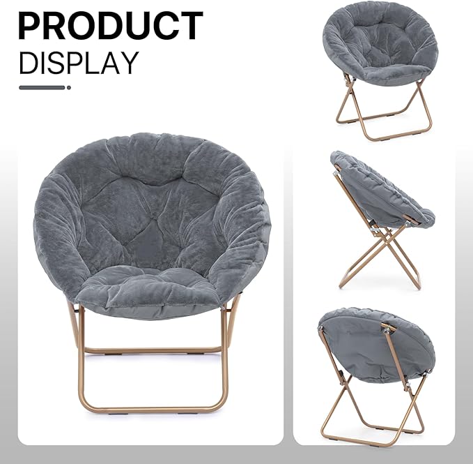 Athena Collection Comfy Saucer Chair Folding Cozy Chair for Bed Room Living Room Accent Chair Faux Fur Reading Chair Foldable Metal Frame Lazy Chair Moon Chair for Adult Set of 2, Grey