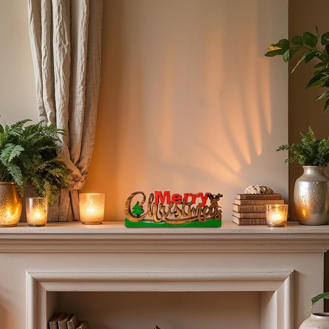Decozen Living Room Decor: Handcrafted Merry Christmas Centerpiece - Christmas, Bedroom, Indoor Coffee Table, Dining Room, Farmhouse & Kitchen Decor, Housewarming Gifts - Solid Wood