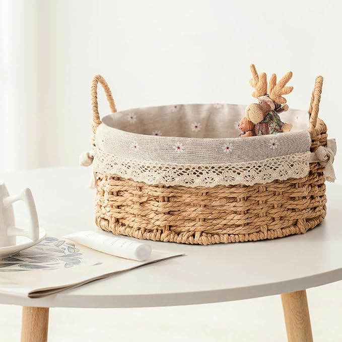 GIB Small Wicker Storage Baskets for Organizing, Decorative Woven Baskets with Handles & Liners, Boho Paper Rope Round Serving Baskets Trays for Shelves, Table, Gifts, Set of 2
