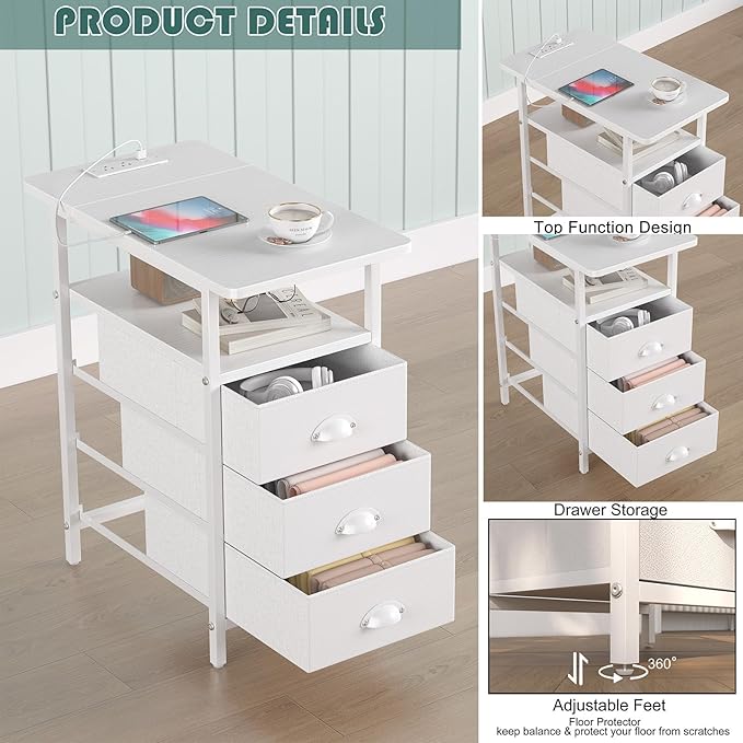 End Table with Charging Station,LED Side Tables with USB Ports and Outlets,Narrow Nightstands Bedside Tables with 3 Drawers PU Finish for Small Space,Slim Sofa Table for Livingroom,White