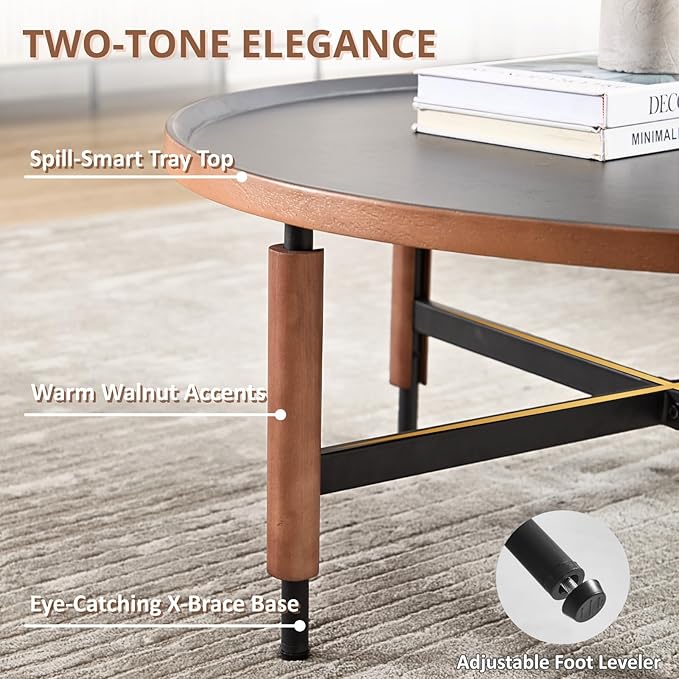 HEAH-YO Round Nesting Coffee Table Set of 2, Wood Tray Top Accent Table with Walnut Wrapped Metal Legs, Industrial & Farmhouse End Table for Living Room/Office Reception, Black