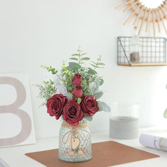 Faux Flowers with Vase,Artificial Silk Roses in Vase, Fake Plant Eucalyptus Flower Arrangement for Home Office Farmhouse Bathroom Dining Table Centerpiece Decorations Coffee Table Decor (Burgundy)