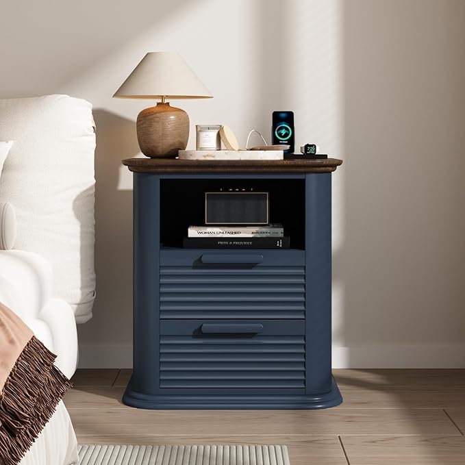 22'' Fluted Nightstand with Charging Station, Modern End Table with 2 Drawers and Open Storage, Wood Night Stand with Round Corner, Side Table for Bedroom, Living Room, Curved Profile,Dark Navy Blue