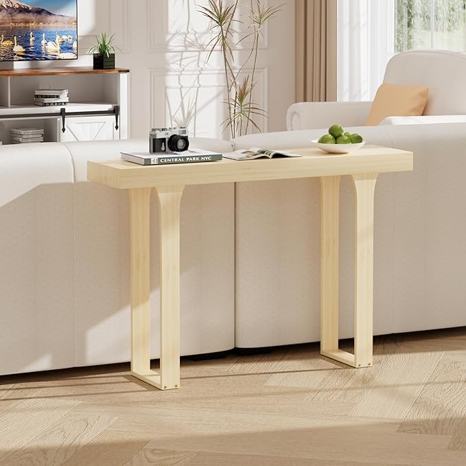 Bamboo 47.2" Narrow Console Table, Wood Farmhouse Side Table, Rectangular Entryway Table, Modern Sofa Table Behind Couch with Storage Shelves for Entrance, Living Room, Hallway, Foyer (Natural)