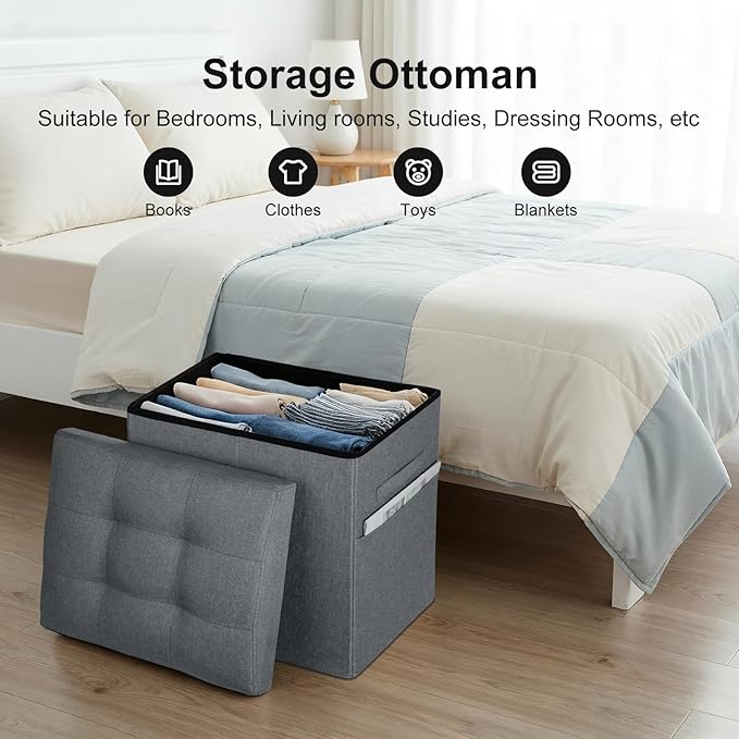 Storage Ottoman with Thicker Foam Padded Seat. 61L Slim Tall Foldable Foot Rest Stool with Linen Fabric, Ottoman with Storage Bench for Living Room Bedroom, 300lbs Weight Support, 17x13x17IN Dark Gray