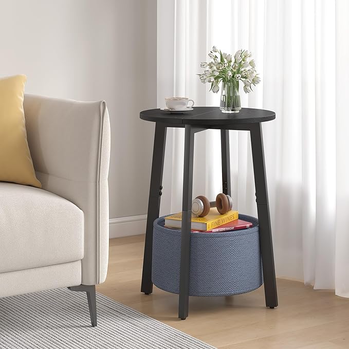 Small Round Side End Table with Cloth Storage Basket, Round Bedside Sofa Couch Coffee Tables for Small Places with Metal Frame, Modern Nighstands for Living Room Bedroom, Black