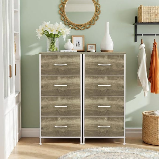 Nightstand, 4 Drawer Dresser End Table Bedside Furniture with Wooden Top Steel Frame Fabric Bins for Bedroom, Closet, Entryway, Dorm, Living Room, Greige Oak