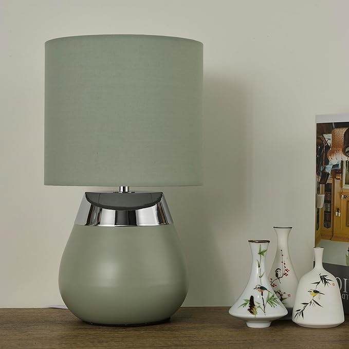 Small Modern Touch Eye Protection Bedside Table Lamp, 7 x 7 x 12 Inch Light Green Metal Base Table Lamp for Bedrooms and Office (Light Green Fabric Lampshade)