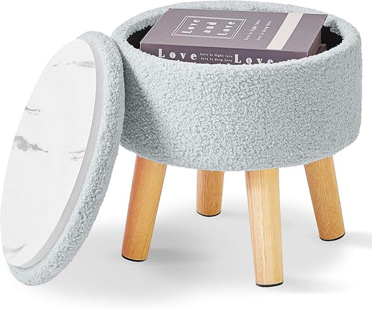 IBUYKE 13 Inch Foot Stool Ottoman with Storage, Round Small Foot Rest with Padded Seat and Wood Legs, Teddy Velvet Mini Footstool for Living Room Couch Bedroom Entryway, Gray-Blue WBD006H