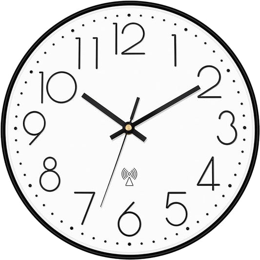 Foxtop Atomic Wall Clock Battery Operated Round Analog Modern Wall Clock Sets Automatically for Office Classroom Bedroom Kitchen Living Room (Black)