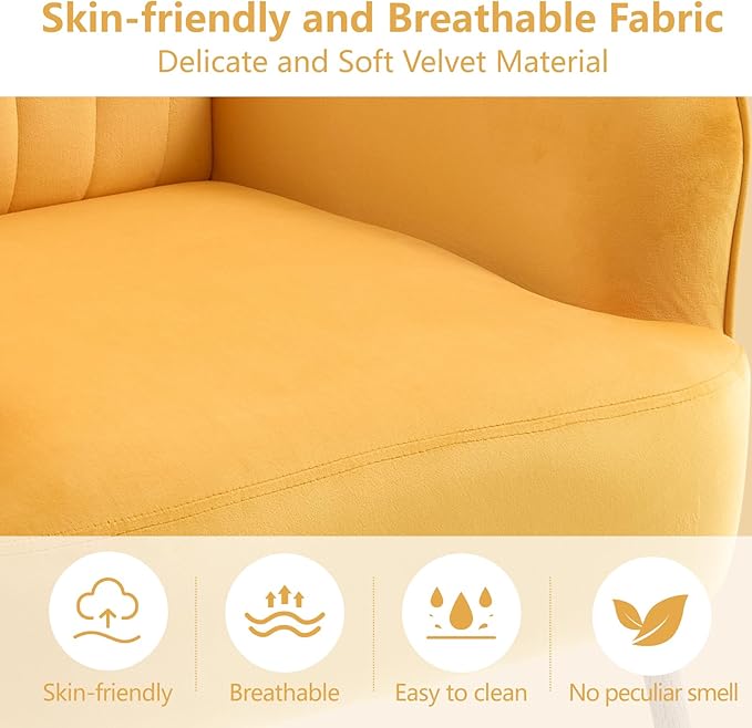 Velvet Accent Chair, Modern Upholstered Single Sofa Side Living Room Chair, Comfy Barrel Reading Armchair with Metal Legs for Bedroom, Waiting Room, Office and Cafe, Yellow