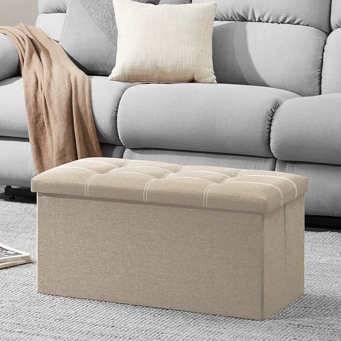 YOUDENOVA 30 inches Folding Storage Ottoman, Ottoman with Footrest Seat Support 350lbs, Storage Bench for Living Room Bedroom, Linen Fabric Beige