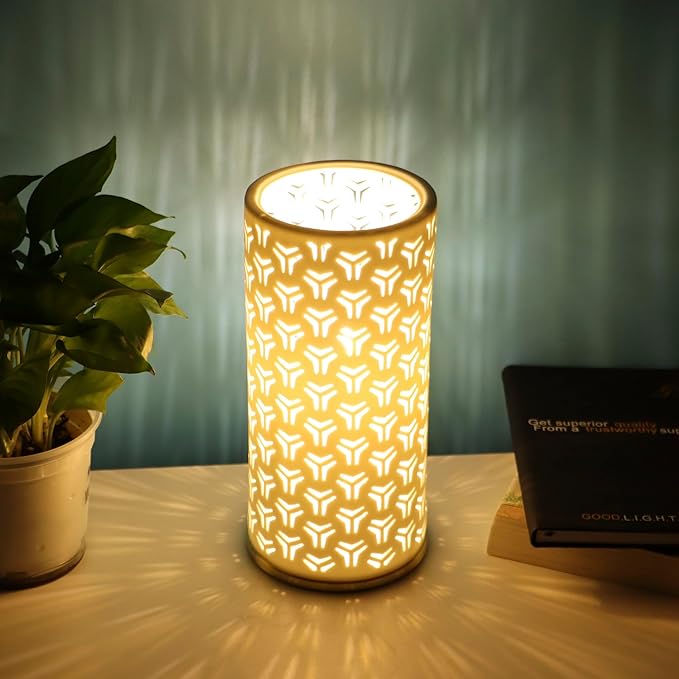 Small Modern Ceramics Bedside Table Lamp, 4.5 x 4.5 x 9.75 Inch White Triangle Style Nightstand Lamps, Side Table Lamps for Bedroom Living Room Entryway Table Light