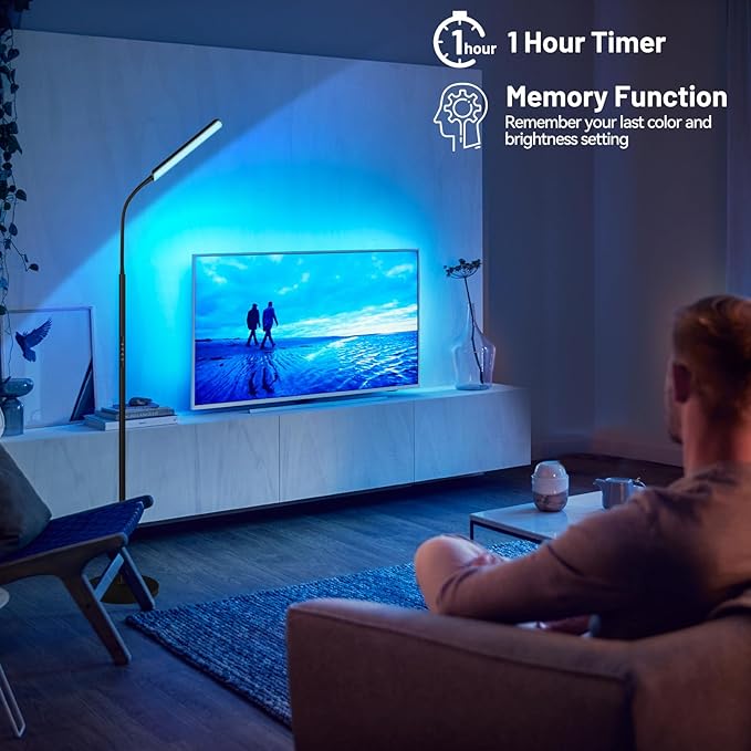 Dimunt LED Floor Lamp, 15W Super Bright RGB Corner Lamp, 3000K-6500K 4 Color Temps Dimmable Floor Lamp, Remote & Touch Control, 1 Hour Timer, Adjustable Gooseneck Standing Lamp for Living Room Home