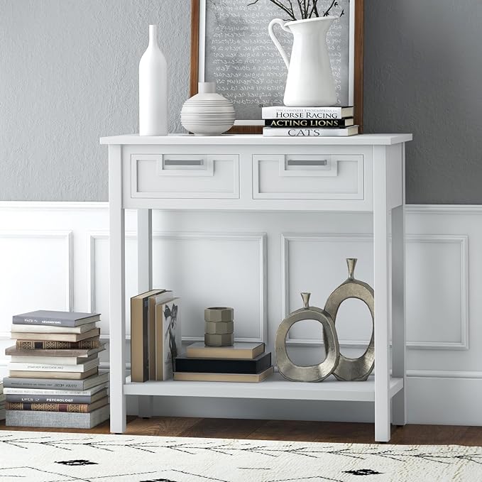 KOTEK Console Table with 2 Drawers & Shelf, Narrow Sofa Table with Rubber Wood Legs, Small Entryway Table for Living Room, Hallway, Office (White)