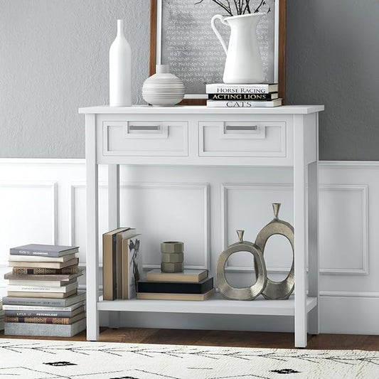 KOTEK Console Table with 2 Drawers & Shelf, Narrow Sofa Table with Rubber Wood Legs, Small Entryway Table for Living Room, Hallway, Office (White)
