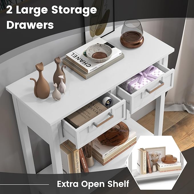 GOFLAME Small Console Table with 2 Drawers, 31” Entry Table with Storage Shelf, Modern, Narrow Sofa Table for Living Room, Hallway, Entrance (White)