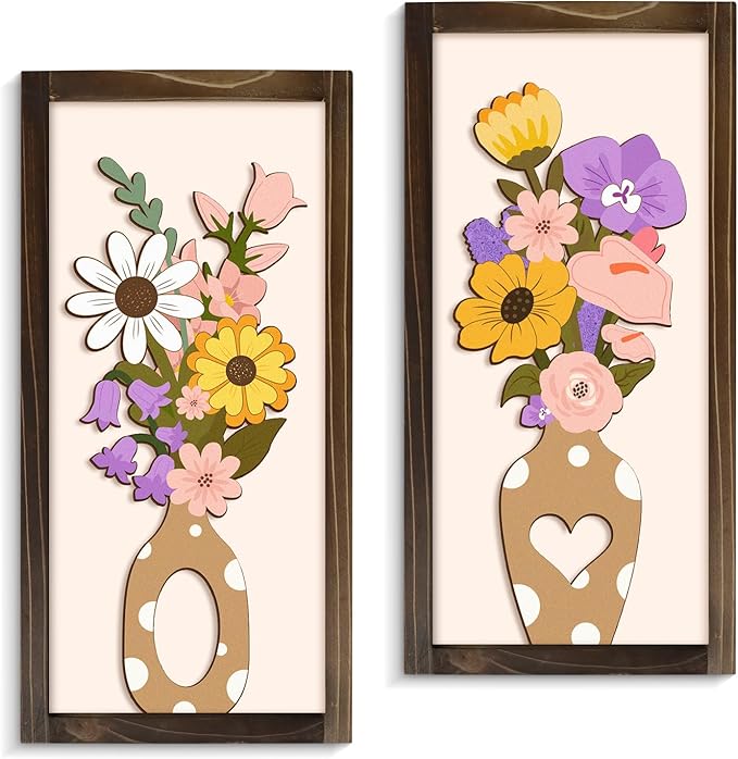 Kas Home 3D Floral Wall Art, 2 Set Rustic Wood Boho Flower with Vase Framed Wall Decor for Bathroom Living Room Bedroom Office Housewarming Gift, Ready To Hang Plaque Sculptures (White-P, 6L" x 12W", Framed)