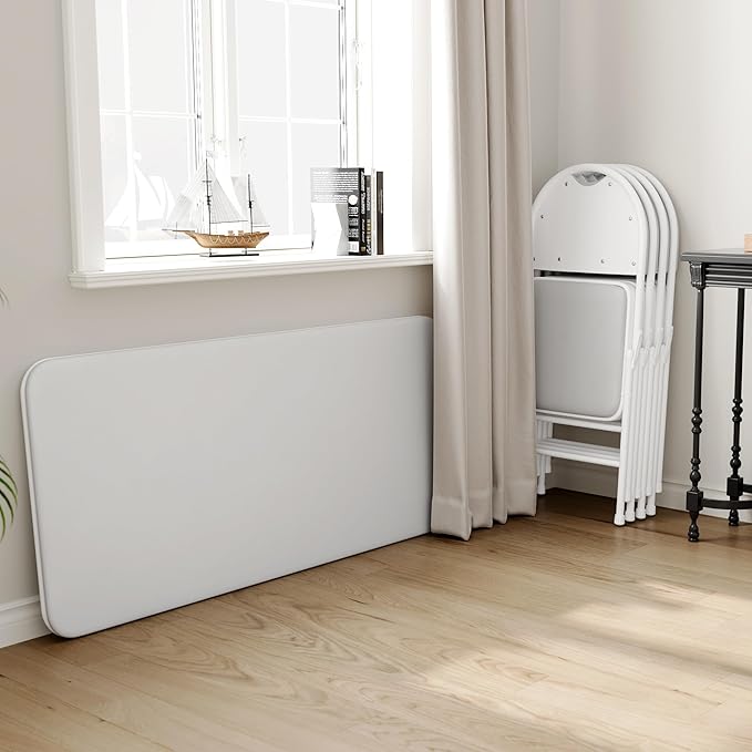 5-Piece Rectangle Folding Table and Chairs Set, Foldable Portable Card Table and Chairs, Scratch & Stain Resistant Tabletop, for Dining Room, Living Room, Office, Camping, Gatherings, Gray