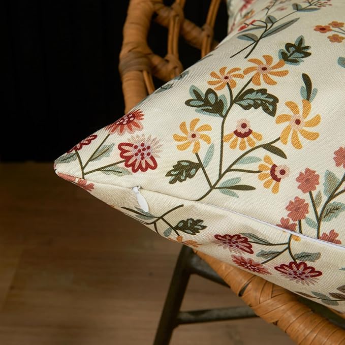 Floral Outdoor Pillows Waterproof for Patio Furniture 18x18 Set of 2 Beige Cream Decorative Pillow Covers for Couch Porch Chair Bench Reversable Country Rustic Farmhouse Pillow Cases Cream