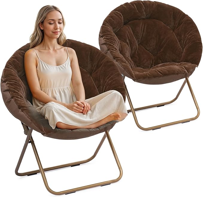 Athena Collection Comfy Saucer Chair Folding Cozy Chair for Bed Room Living Room Accent Chair Faux Fur Reading Chair Foldable Metal Frame Lazy Chair Moon Chair for Adult Set of 2, Brown