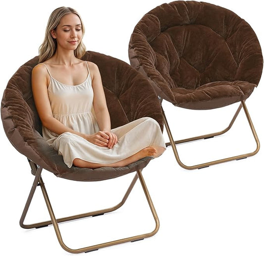 Athena Collection Comfy Saucer Chair Folding Cozy Chair for Bed Room Living Room Accent Chair Faux Fur Reading Chair Foldable Metal Frame Lazy Chair Moon Chair for Adult Set of 2, Brown