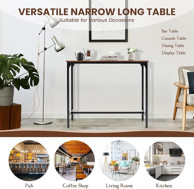 Giantex 48" Narrow Console Table, Rectangular Kitchen Dining Tables w/Steel Frame, Adjustable Feet, Pub Counter Height Tables, Sofa Side Table for Entryway, Hallway, Entrance