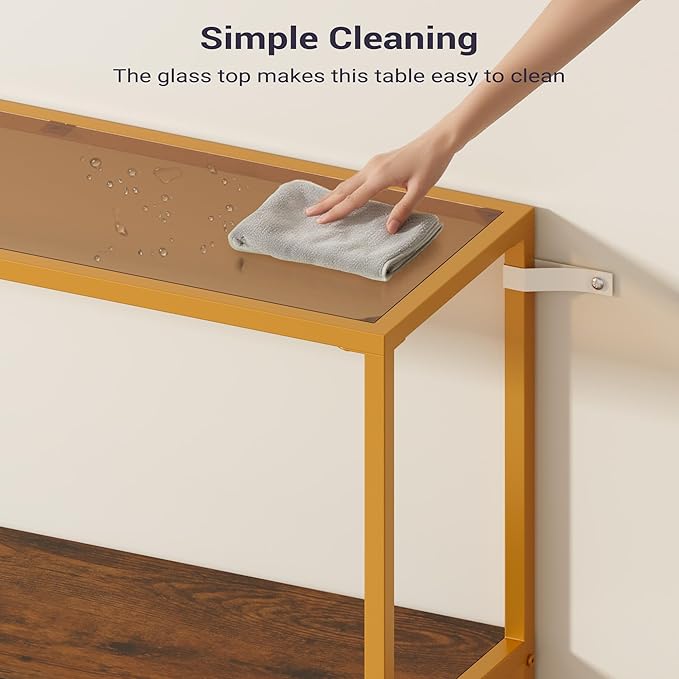 Console Sofa Table, 52" Modern Entryway Table, 2-Tier Open Shelf with Tempered Glass, Metal Frame Behind Couch Table with Gold Metal Frame for Living Room Hallway Entrance, Brown