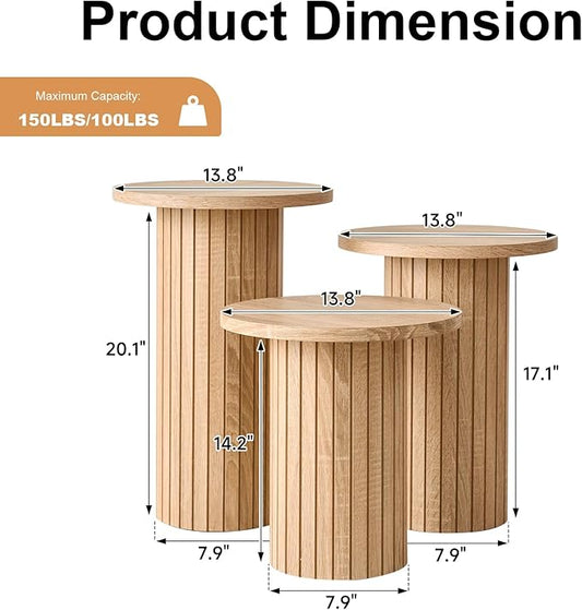 3-Piece Nesting Coffee Table Set, Modern Small Round Wood Side Tables, Fluted Drum Base, for Living Room Bedroom Apartment Small Space, Natual
